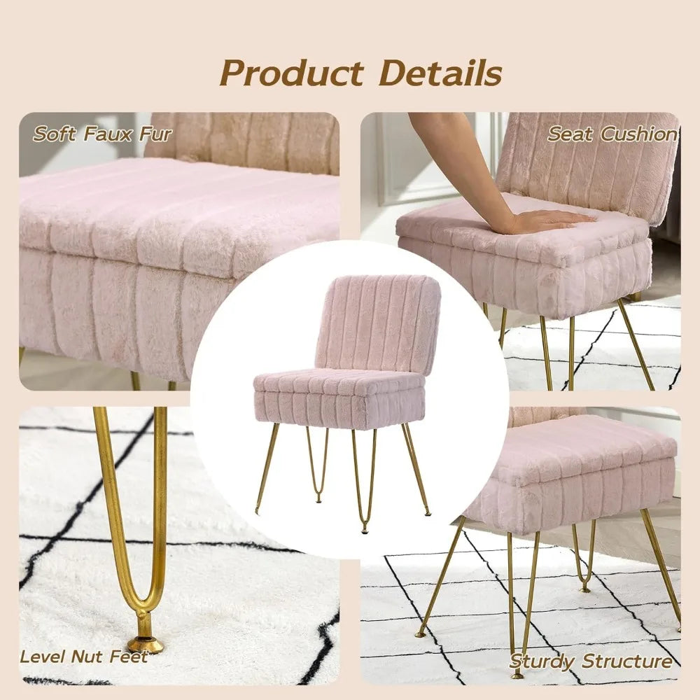 Storage Ottoman Chair with Fold Back Faux Fur Seat Metal Legs Anti Slip Feet for Bedroom Dressing Room
