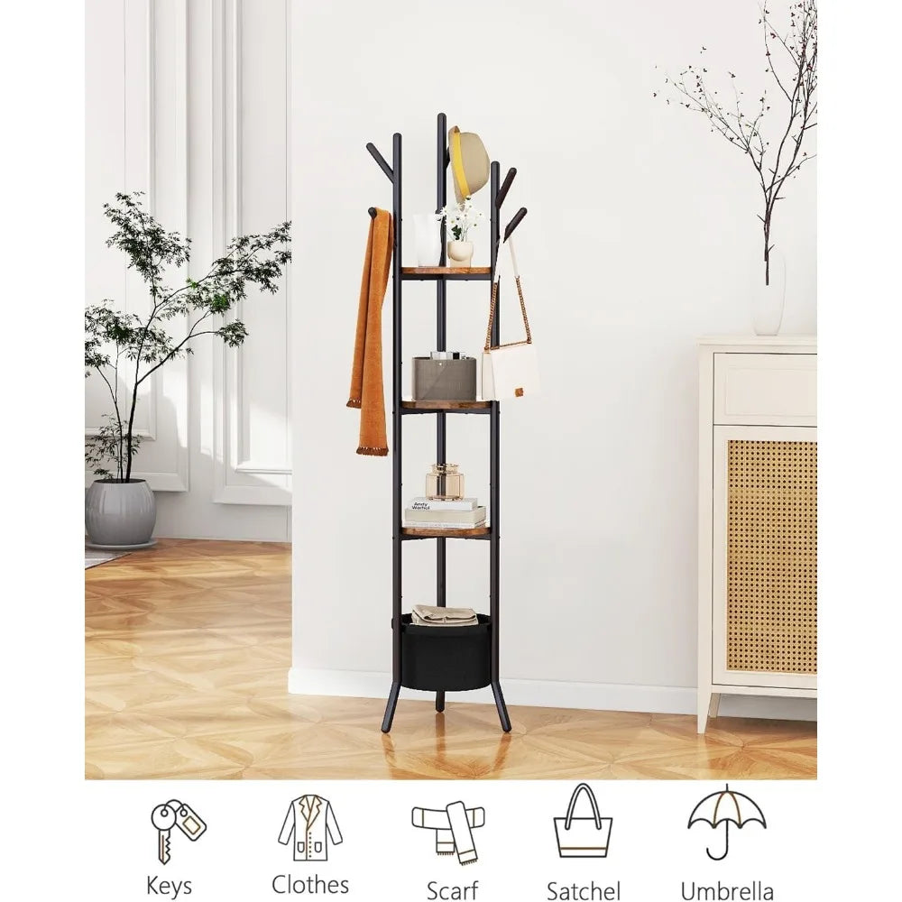 Freestanding Coat Rack with Three Wooden Shelves Fabric Basket and Metal Frame for Hallway Bedroom Storage