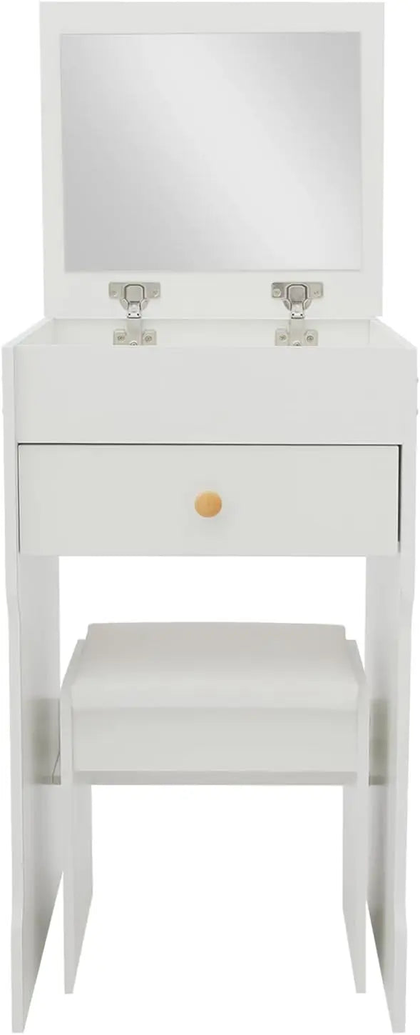 White 2-in-1 Flip Top Mini Vanity Desk Set, Makeup Table with Mirror, Drawer & Padded Stool, Multi-Purpose Corner Bedroom Vanity Nightstand