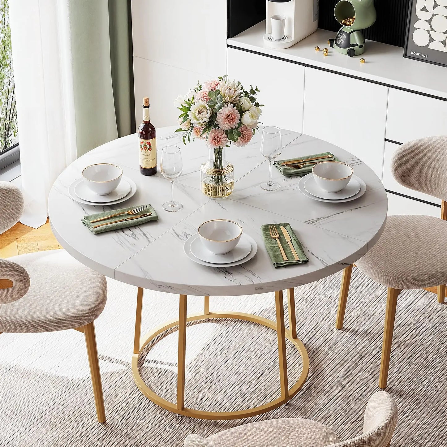 120cm Round Dining Table - Wooden Faux Marble Top & Gold Base Design - Modern Small Table for Kitchen Apartment Restaurant
