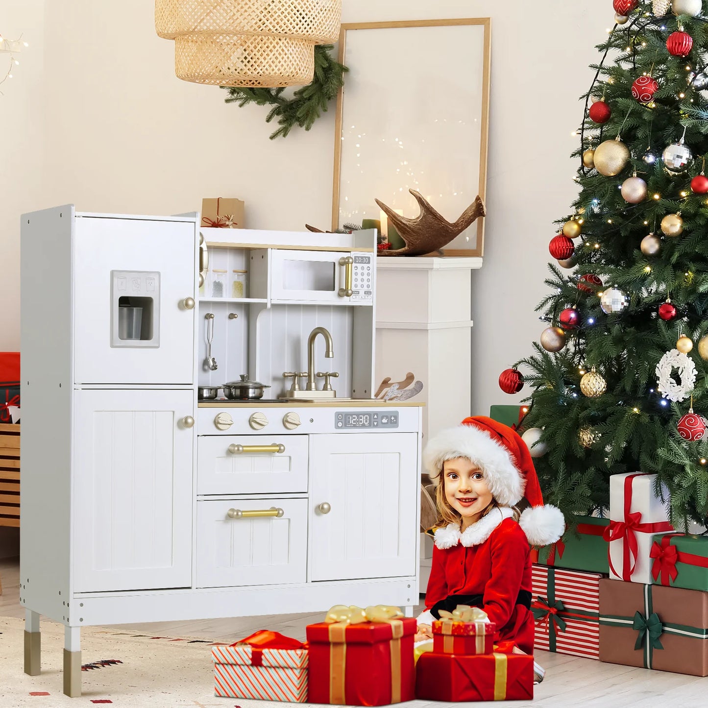 AOOU Wooden Play Kitchen for Kids, Pretend Cooking Toy Playset with Storage & Accessories, Realistic Light & Sound