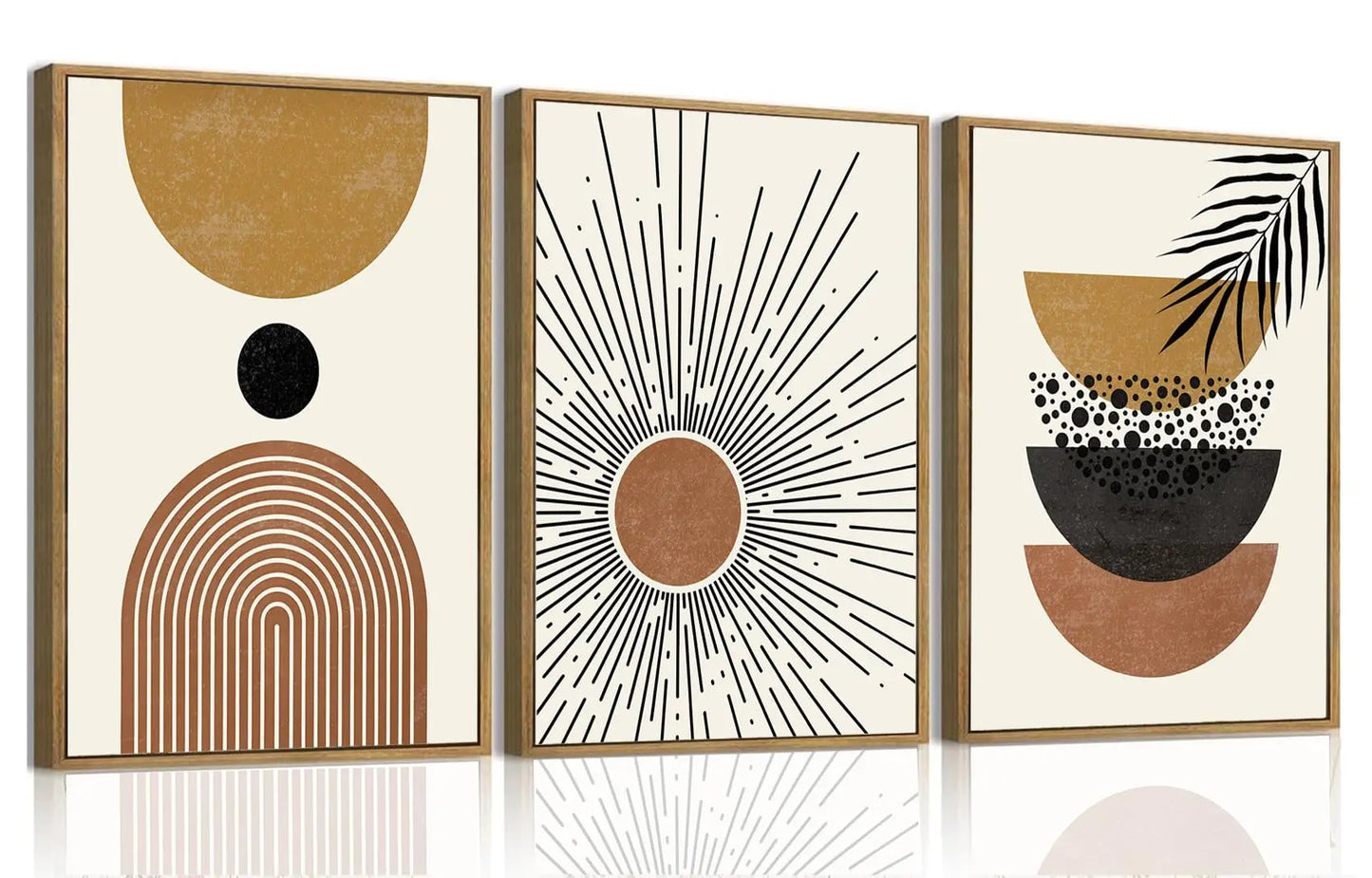 Framed Boho Canvas Wall Art Mid Century Modern Prints Set of 3 Neutral Geometric Line Leaf Paintings Decor Minimalist Abstract Pictures Bedroom Living Room Bathroom