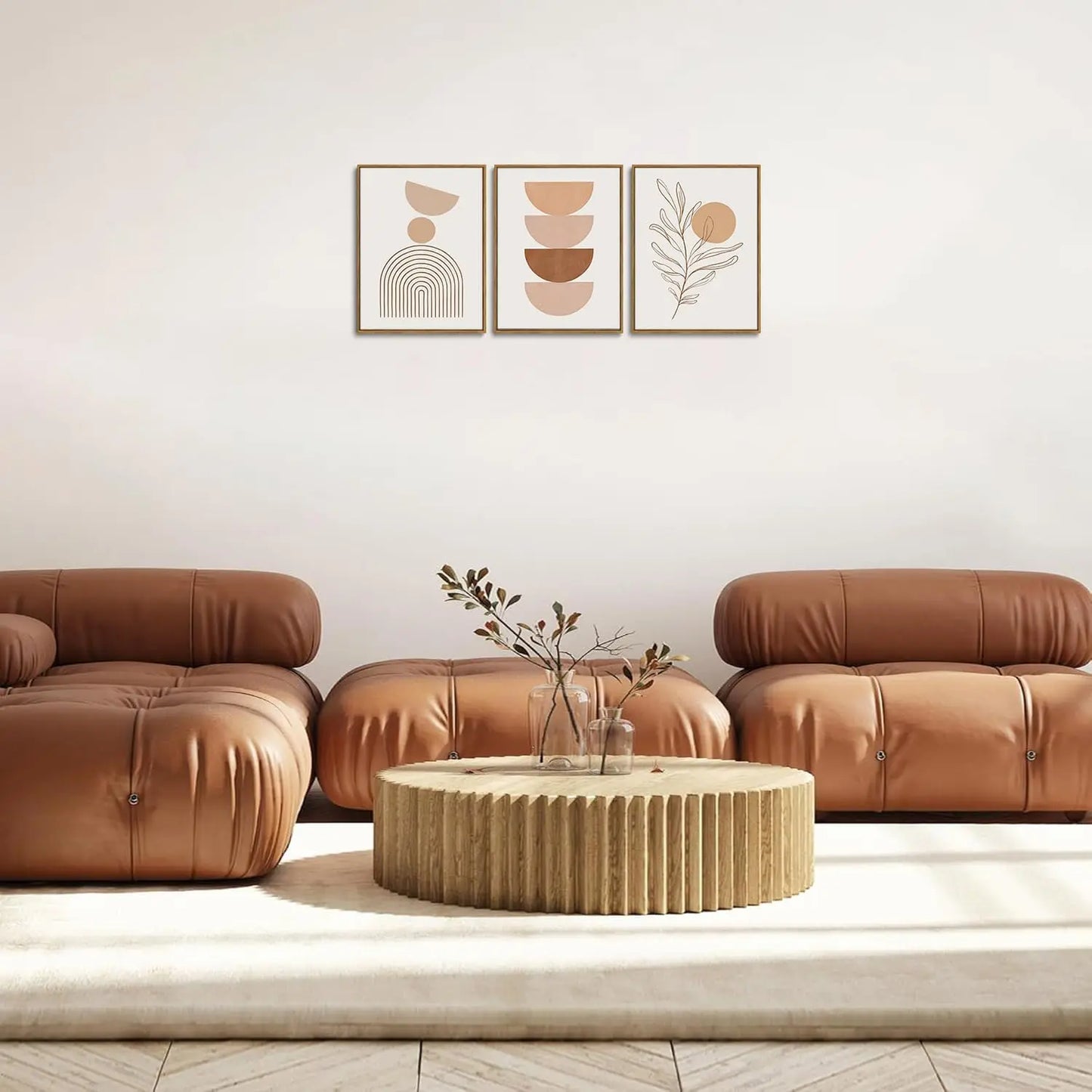 Framed Boho Canvas Wall Art Mid Century Modern Prints Set of 3 Neutral Geometric Line Leaf Paintings Decor Minimalist Abstract Pictures Bedroom Living Room Bathroom