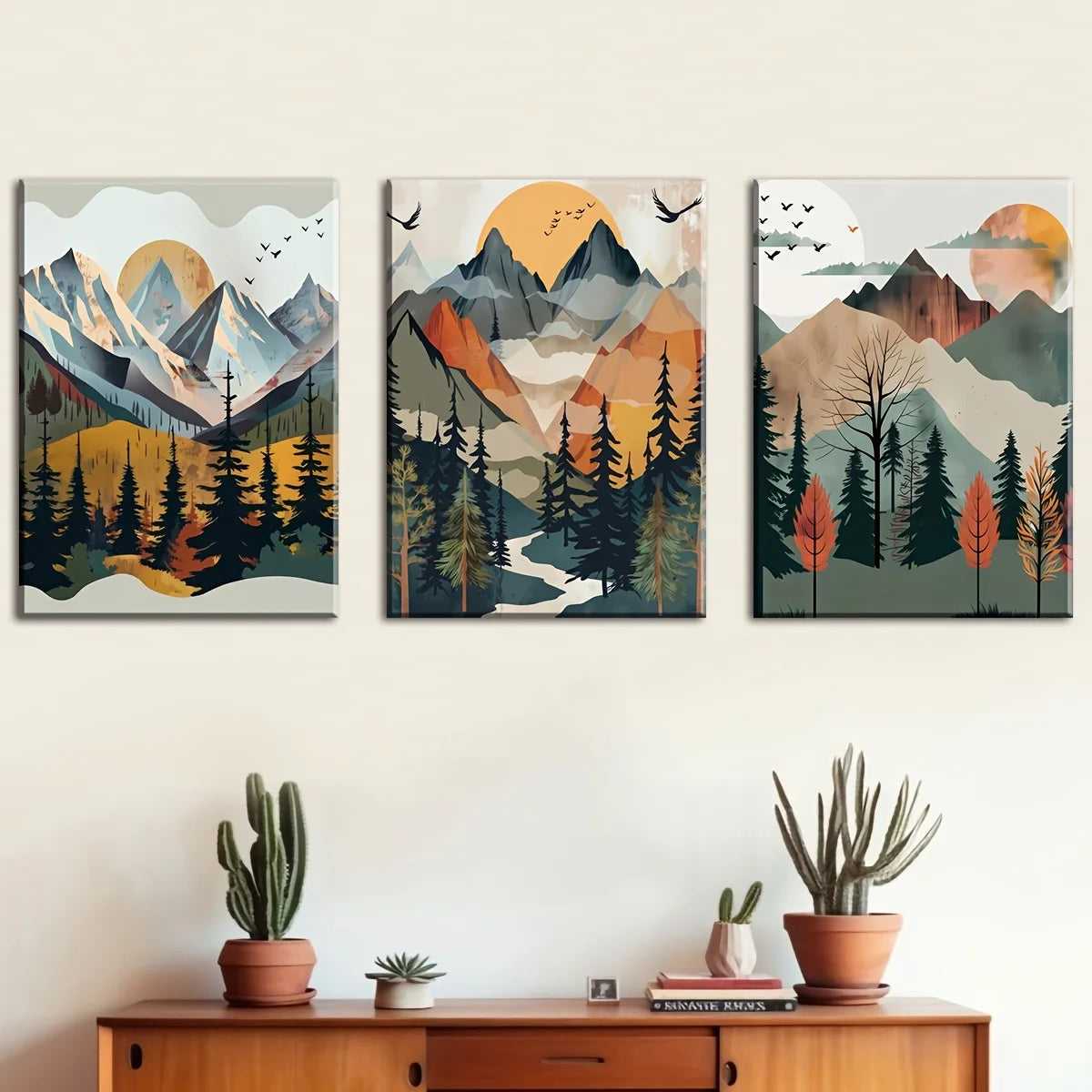 Abstract Mountain Landscape 3-Piece Wood Framed Canvas Wall Art Set, Scenic Nature Decor for Living Room Bedroom, Ready to Hang
