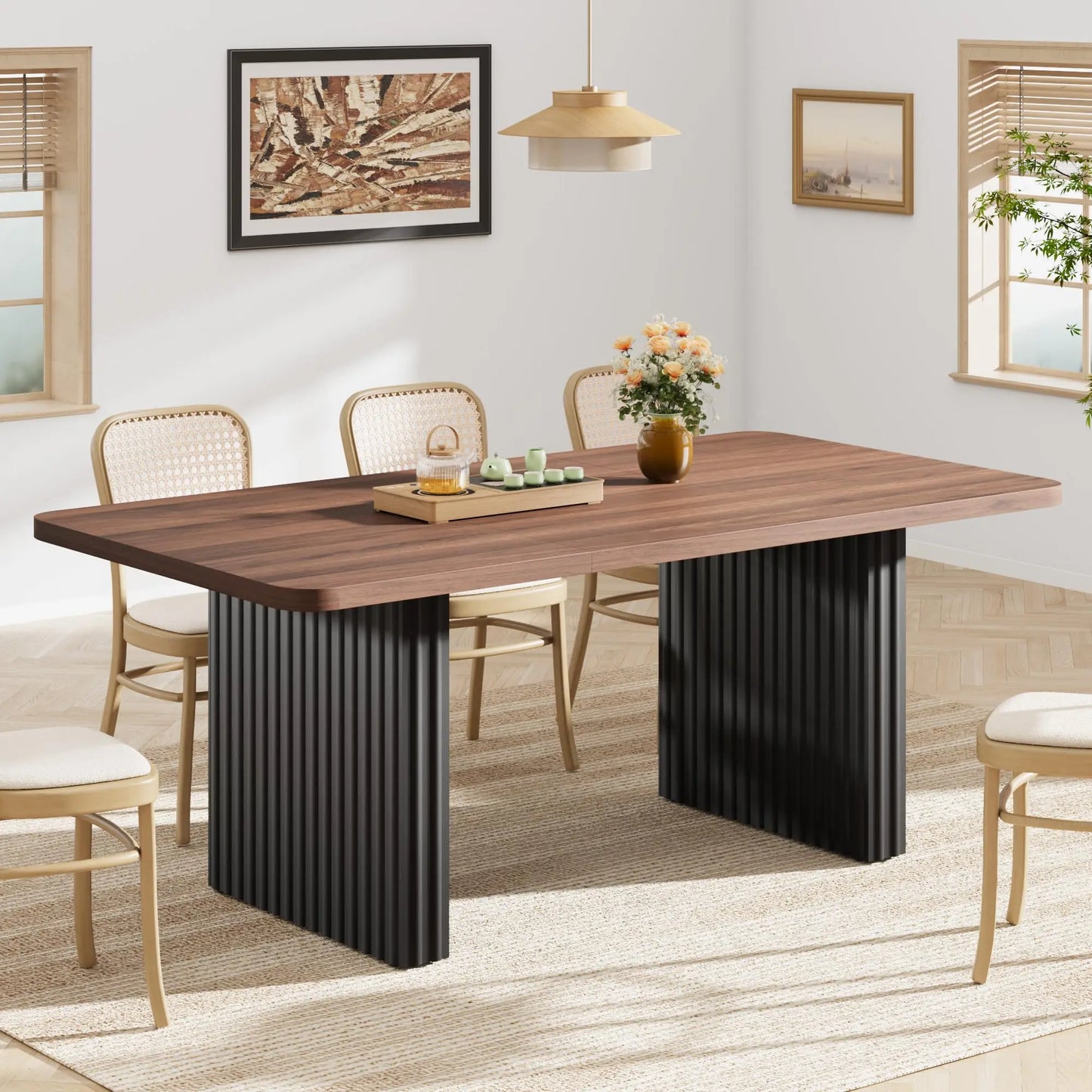 Modern Dining Table for 6-8, 71" Rectangular Farmhouse Kitchen Table with 3.6"×22.9" Black Fluted Wave Metal Legs & Wooden Top, Large Dining Table for Home Office, Dining