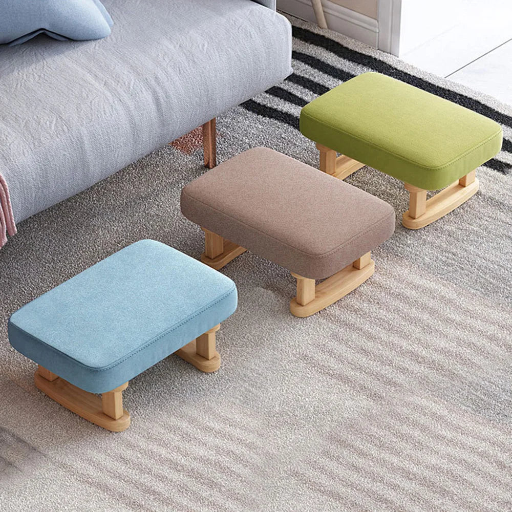 Coffee Color Solid Wood Rocking Footstool Linen Upholstered Padded Ottoman Stool Portable Small Shoe Changing Bench Low Foot Rest Stool for Entryway Living Room Sofa Side Bedroom Home Furniture 1 Piece