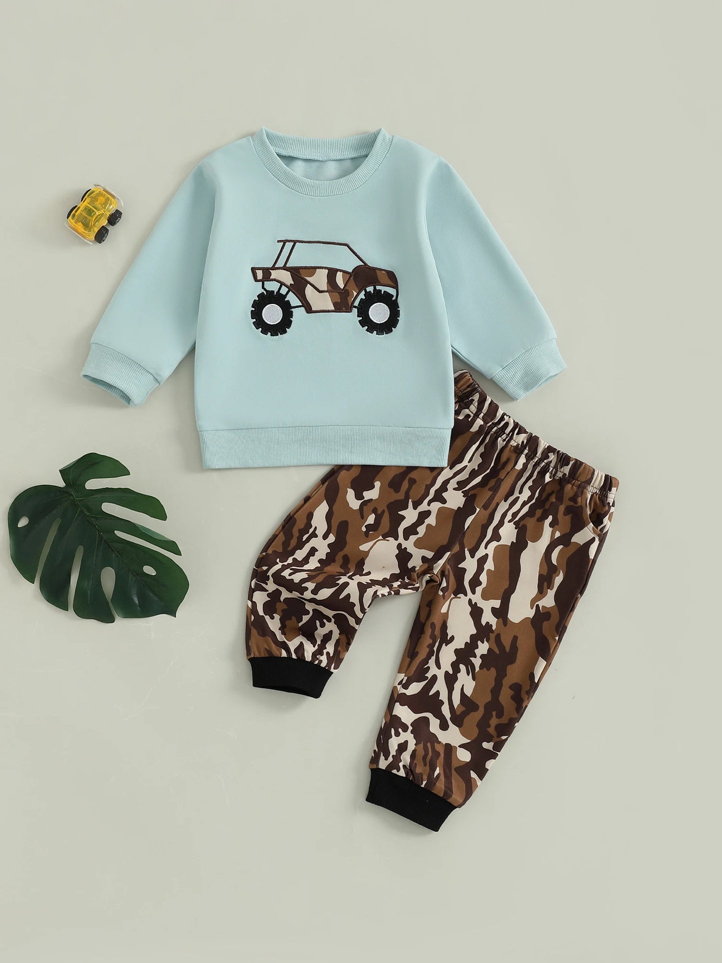 Baby Boy Autumn Clothes Construction Truck Applique Crew Neck Sweater Camo Jogger Pants 2 Piece Outfit Set