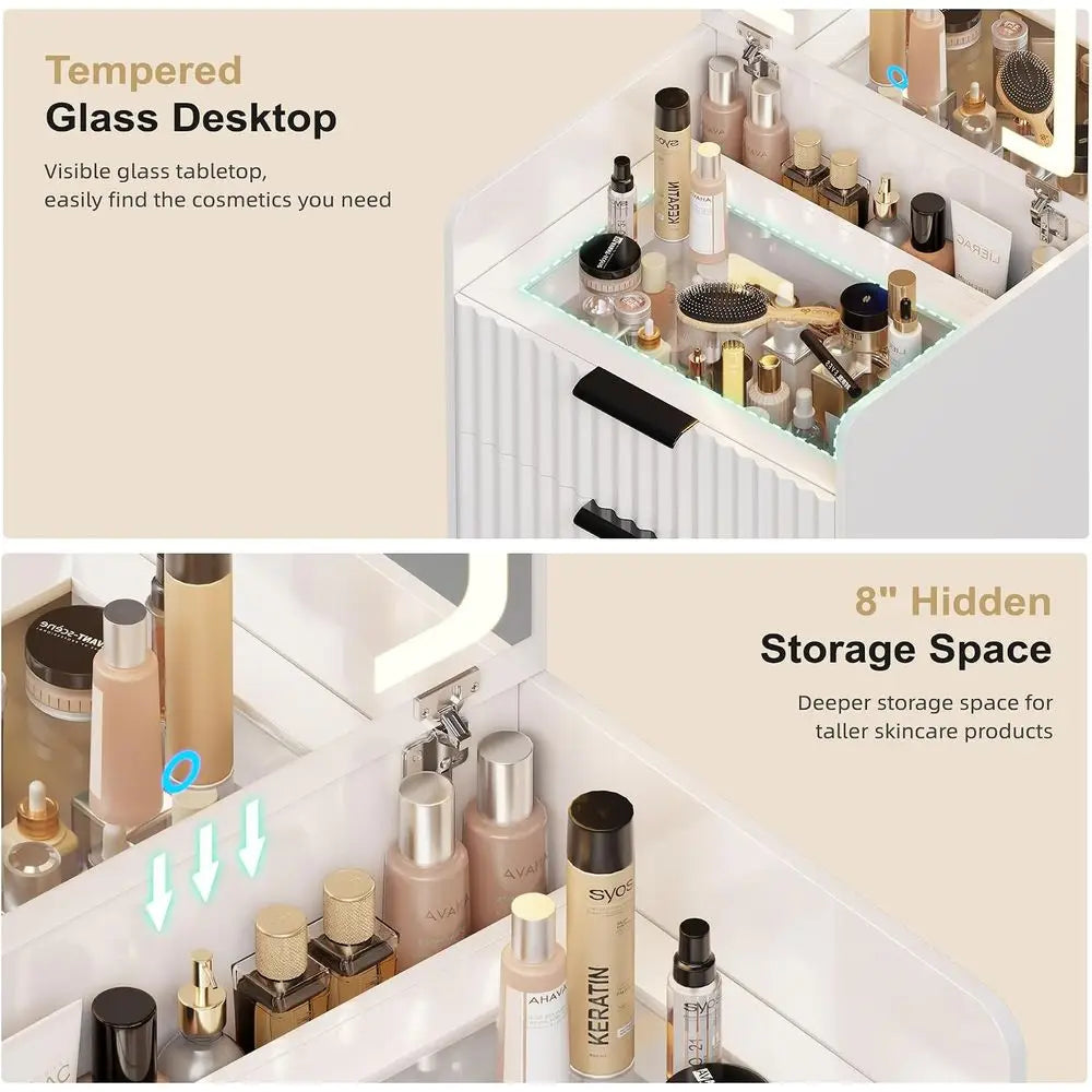 Compact White Vanity Desk with Flip Mirror, Glass Top and Storage, Includes Padded Stool