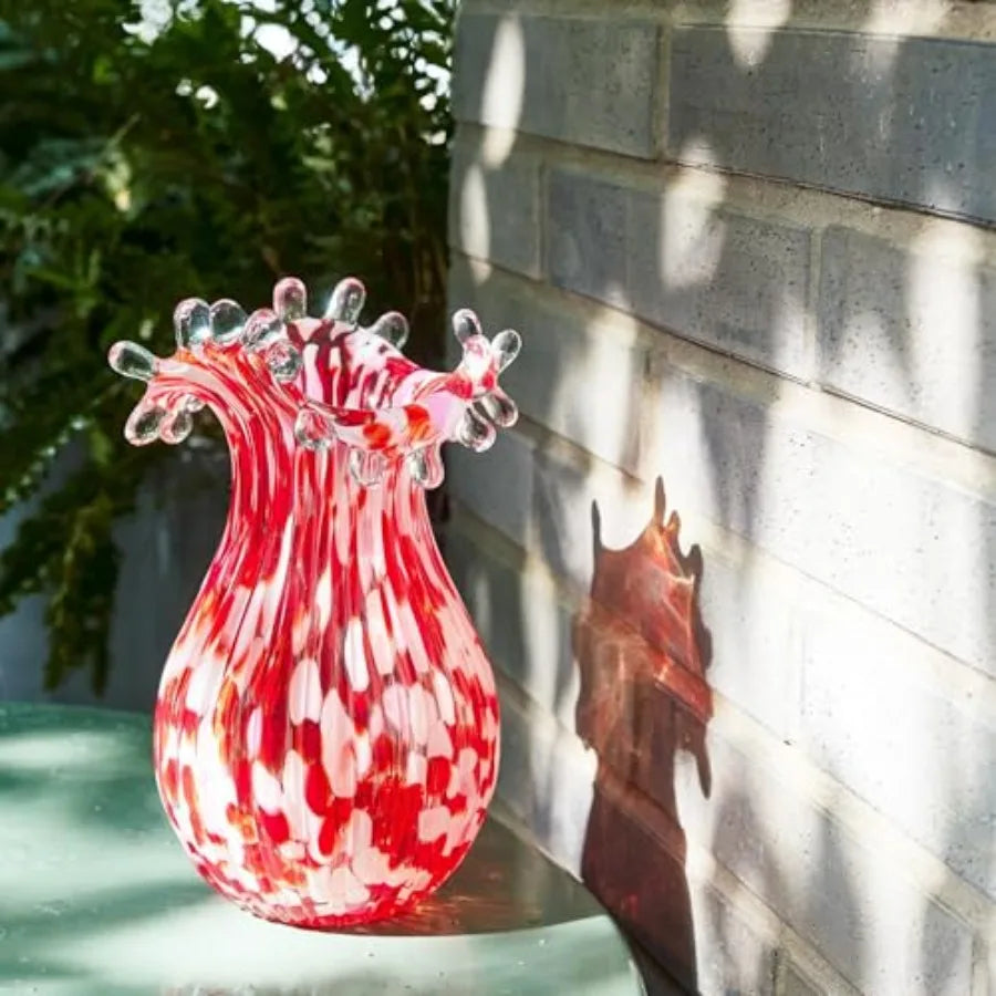 Hand Blown Glass Vase for Flowers, 8 Inch Red Crystal Flower Vases for Bouquet Home Decor Decorative Centerpieces, Unique Gift