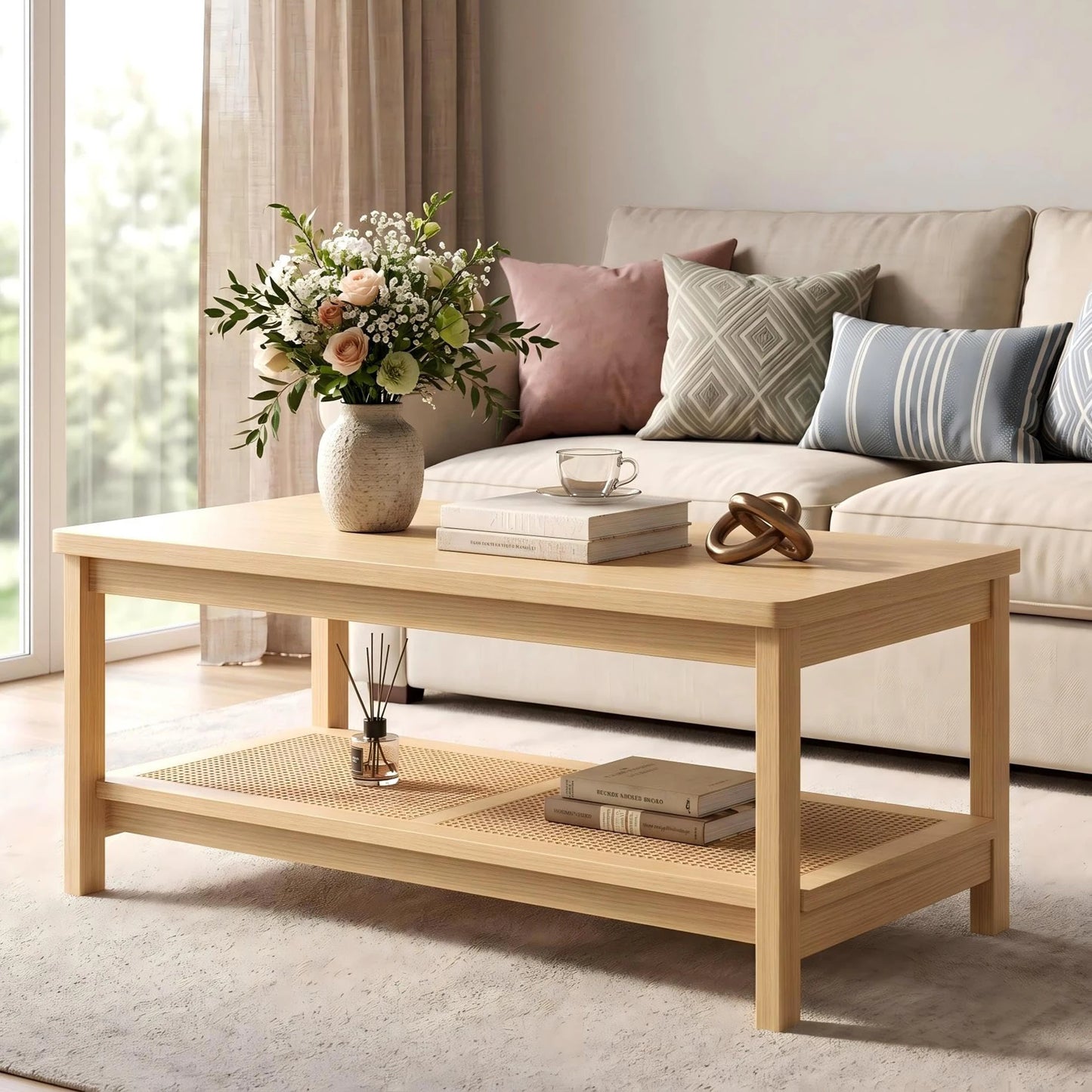 39.4in Boho Rectangular Coffee Table With Rattan Storage Shelf, 2 Tier Mid Century Modern Center Table For Living Room, Apartment, Small Space