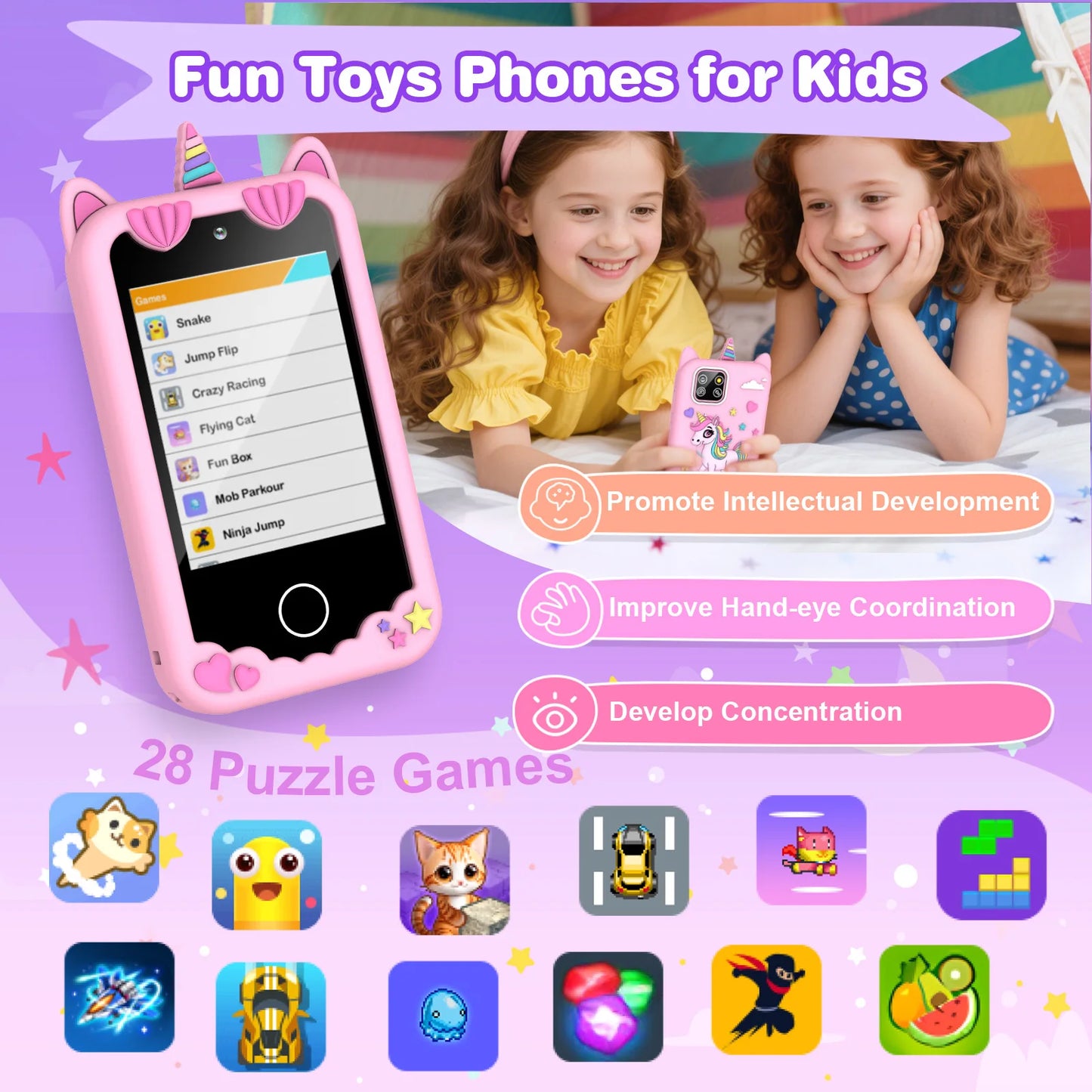 M SANMERSEN Kids Smart Phone for 3-6 Year Olds – 2.8" Touchscreen, Dual Camera, 28 Learning Games, MP3 Music Player, 32GB SD Card – Educational Toddler Phone Toy for Boys & Girls