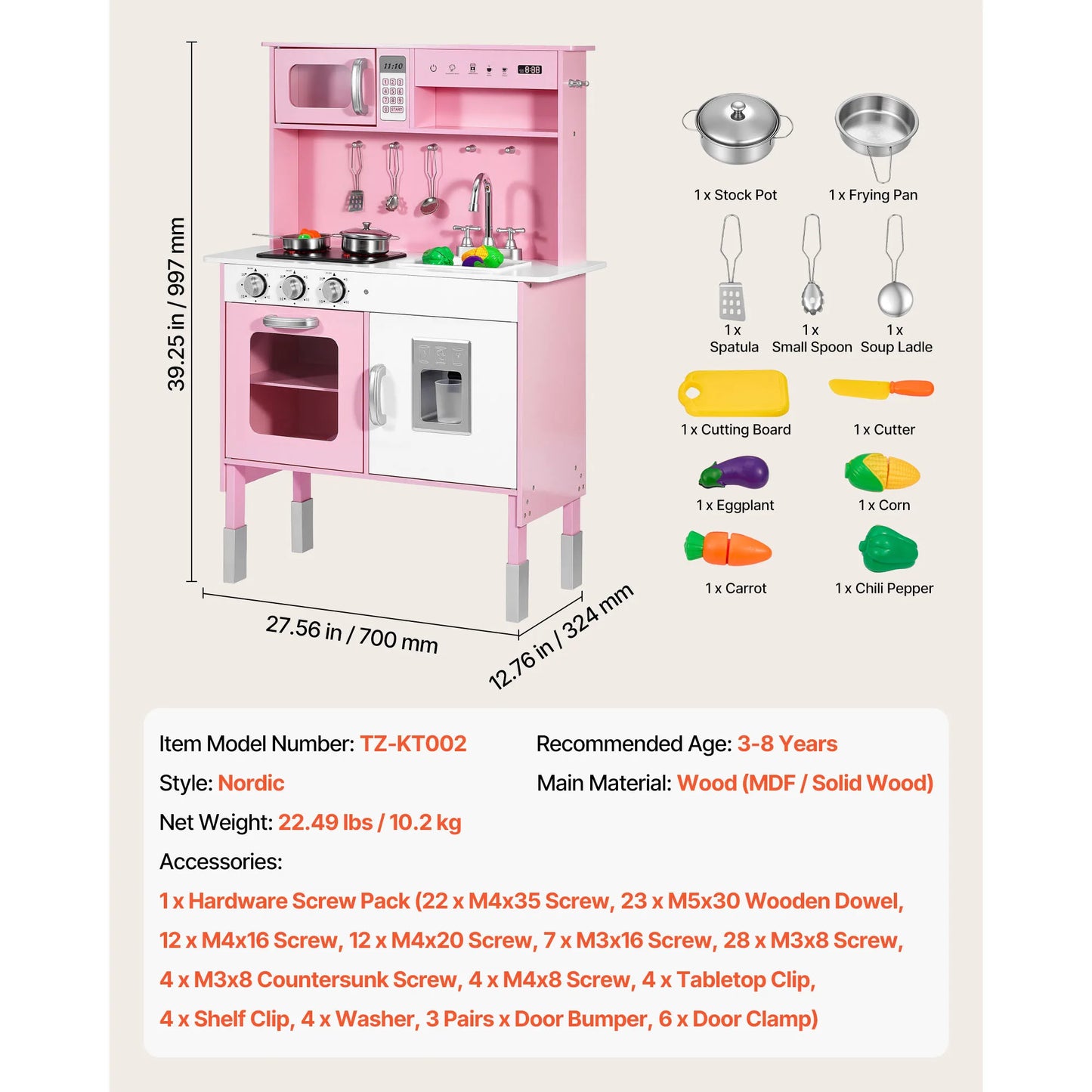 SucceBuy Play Kitchen for Kids Wooden Kids Kitchen Playset with Lights Sounds & Cookware Pretend Play Toy Set fit Toddlers Girls