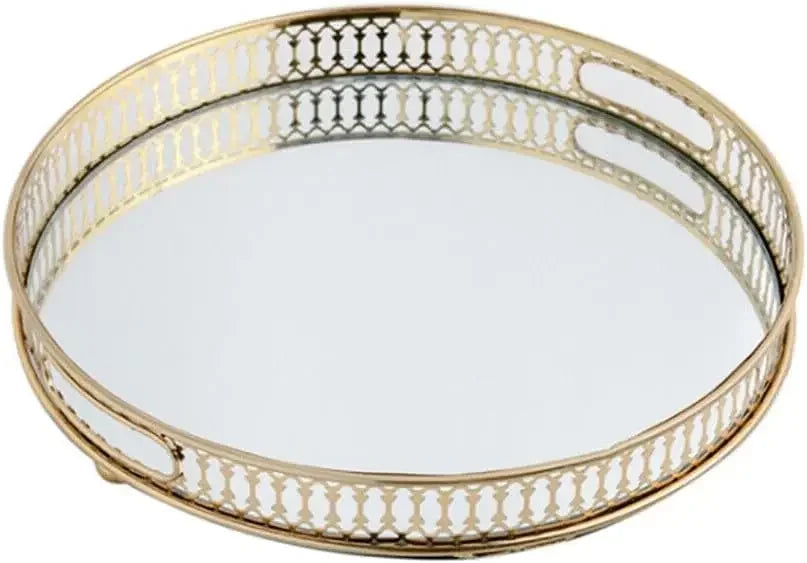 Decorative Tray - Mirror Tray Gold Makeup Jewellery Organiser, Mirrored Metal Decoration for Breakfast, Fruit, Hotel, Kitchen, Bathroom, Dressing Table (Round)