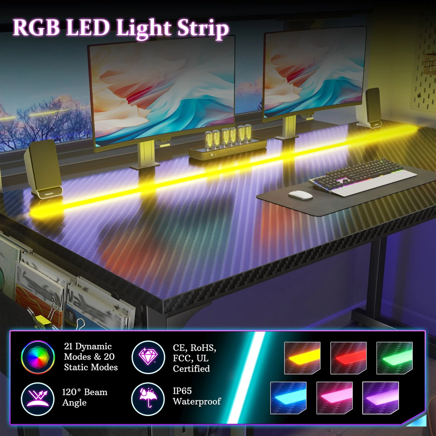EnHomee 31.5" RGB LED Vanity Desk Waterproof Writing Desk with Headphone Hook & Storage Bag, Metal Frame Home Office Table for Bedroom Dorm