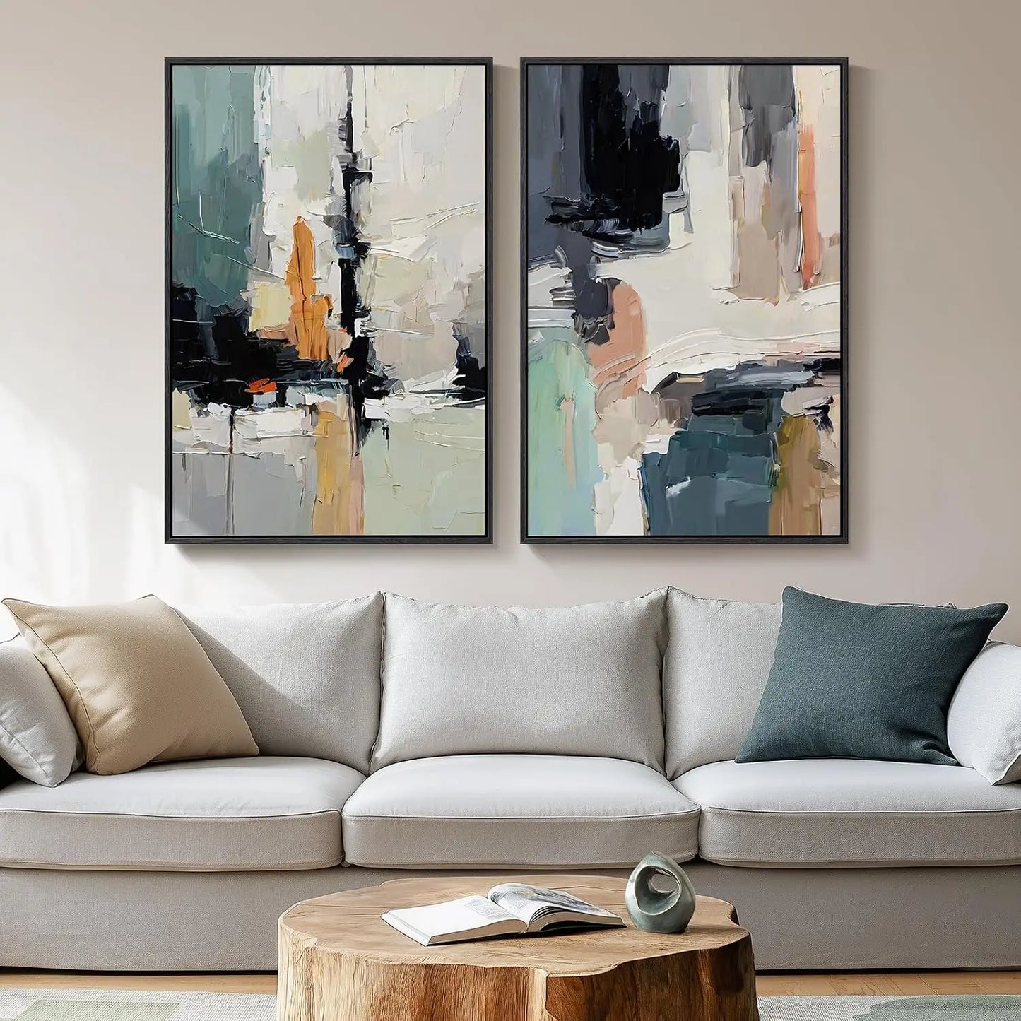 Framed Neutral Abstract Wall Art Set of 2, Black Beige Modern Canvas Prints Paintings Artwork for Walls, Minimalist Block Lines Pictures for Living Room, Dining Room, Bedroom Wall Decor 16x24 In