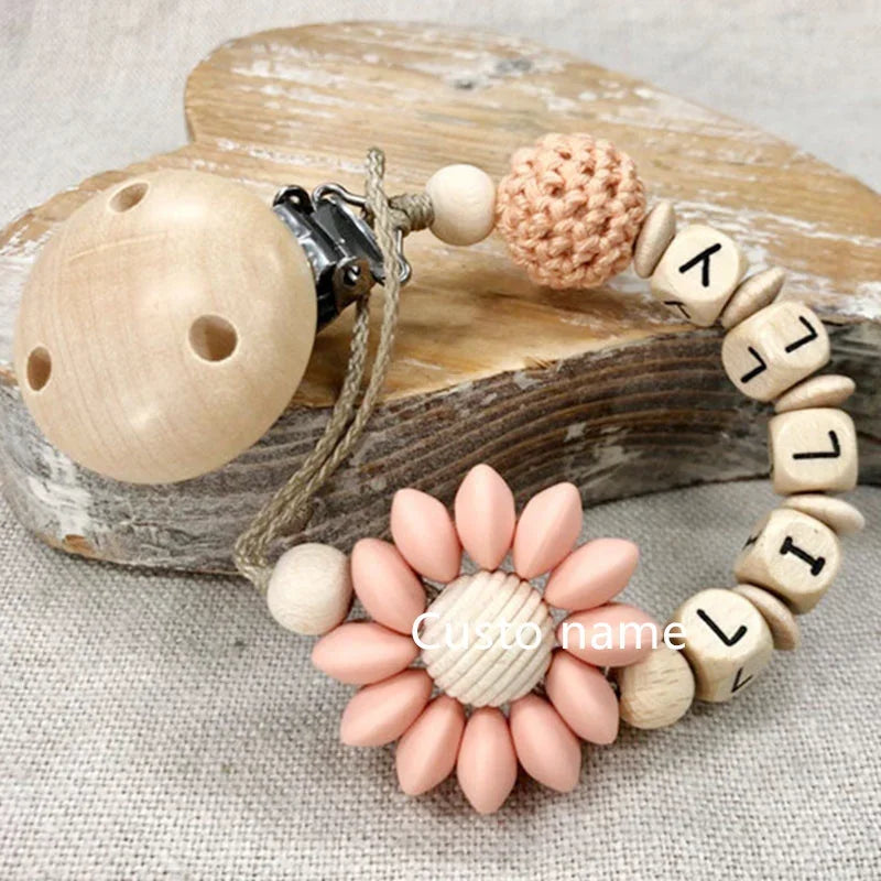 DIY Custom Name Silicone Beads Wooden Ring Pacifier Clips Safe Teething Chains Baby Teether Eco-friendly Dummy Beech Clips Gift