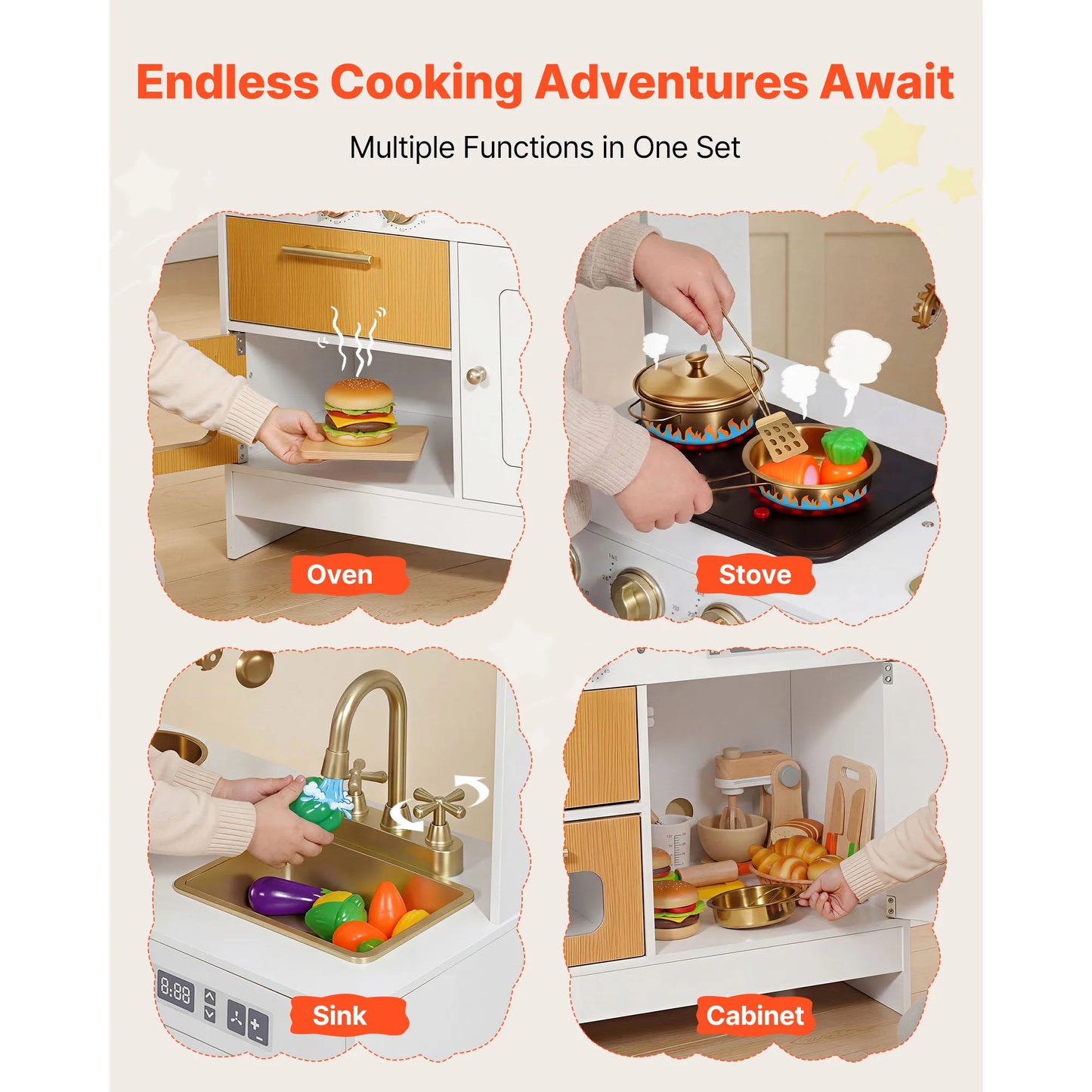 SucceBuy Wooden Kids Kitchen Playset with Lights Sounds & Cookware Accessories Pretend Play Kitchen Toy Set for Toddlers Girls