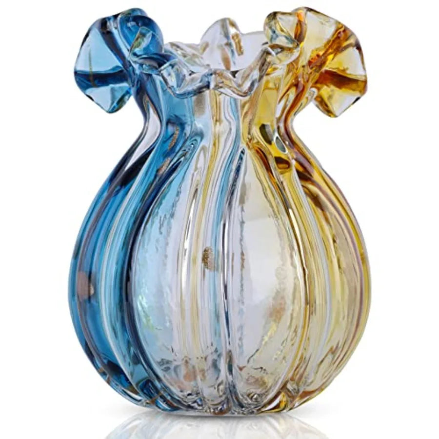 Blown Glass vase, Green Glass vase, Modern Art vase, Wide Mouth vase for Living Room Wedding Table Office centerpieces with Flo