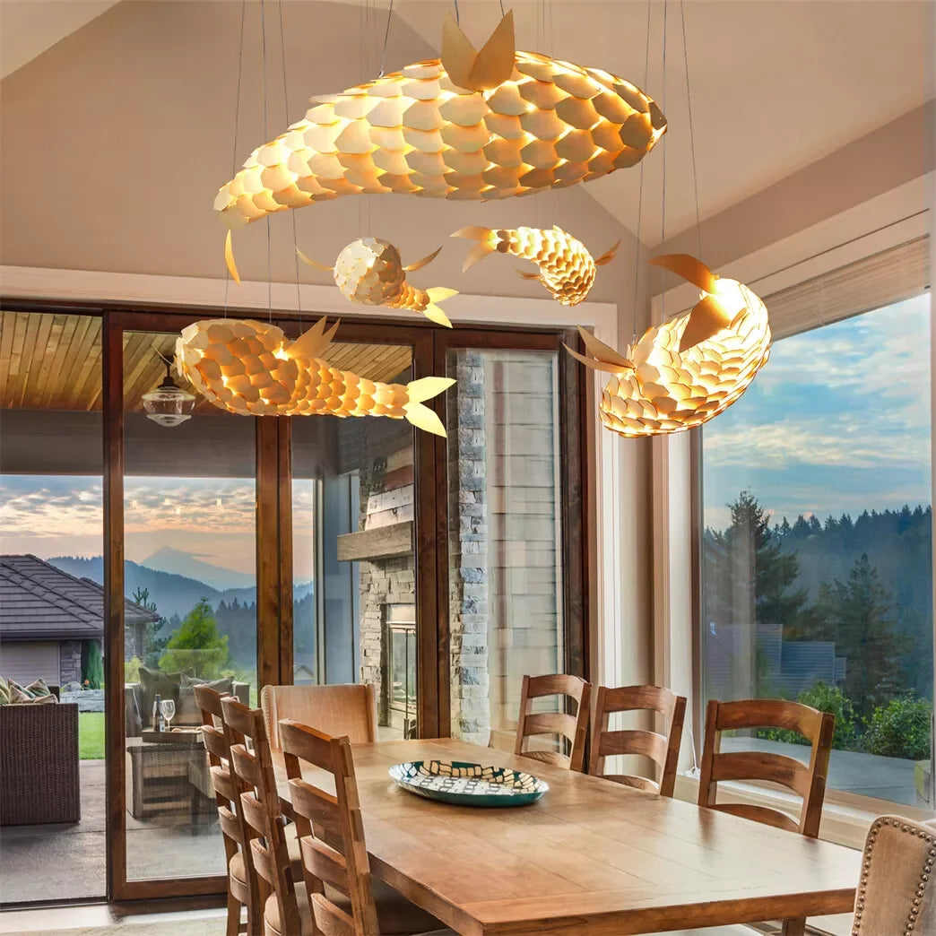 Vrygle Fish-shape Wood Ceiling Pendant Lamp Hand-woven Corridor Club Restaurant Decorative Chandeliers Lights