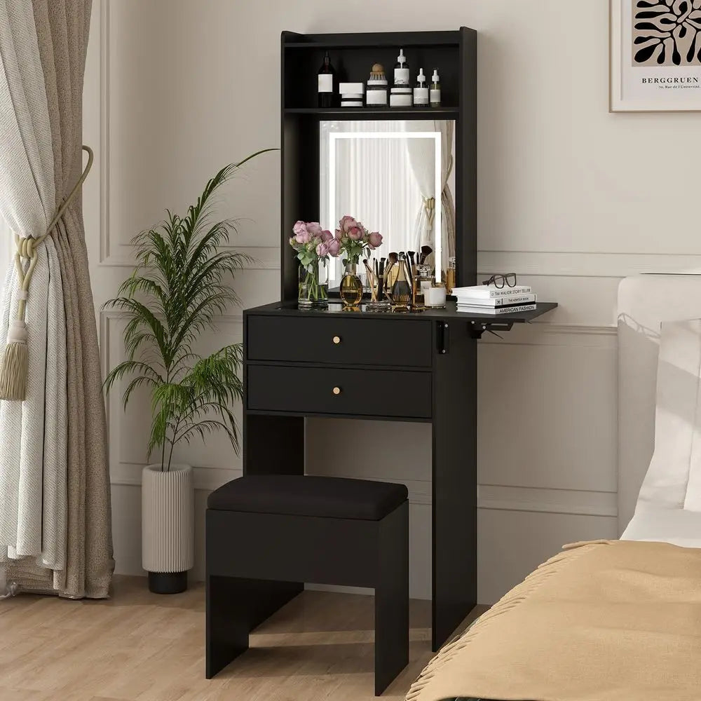 Table with Lighted Mirror and Stool, 3in1 Vanity Desk with 3Color LED Lights and 2 Drawers, FlipTop Hidden Storage Makeup Table