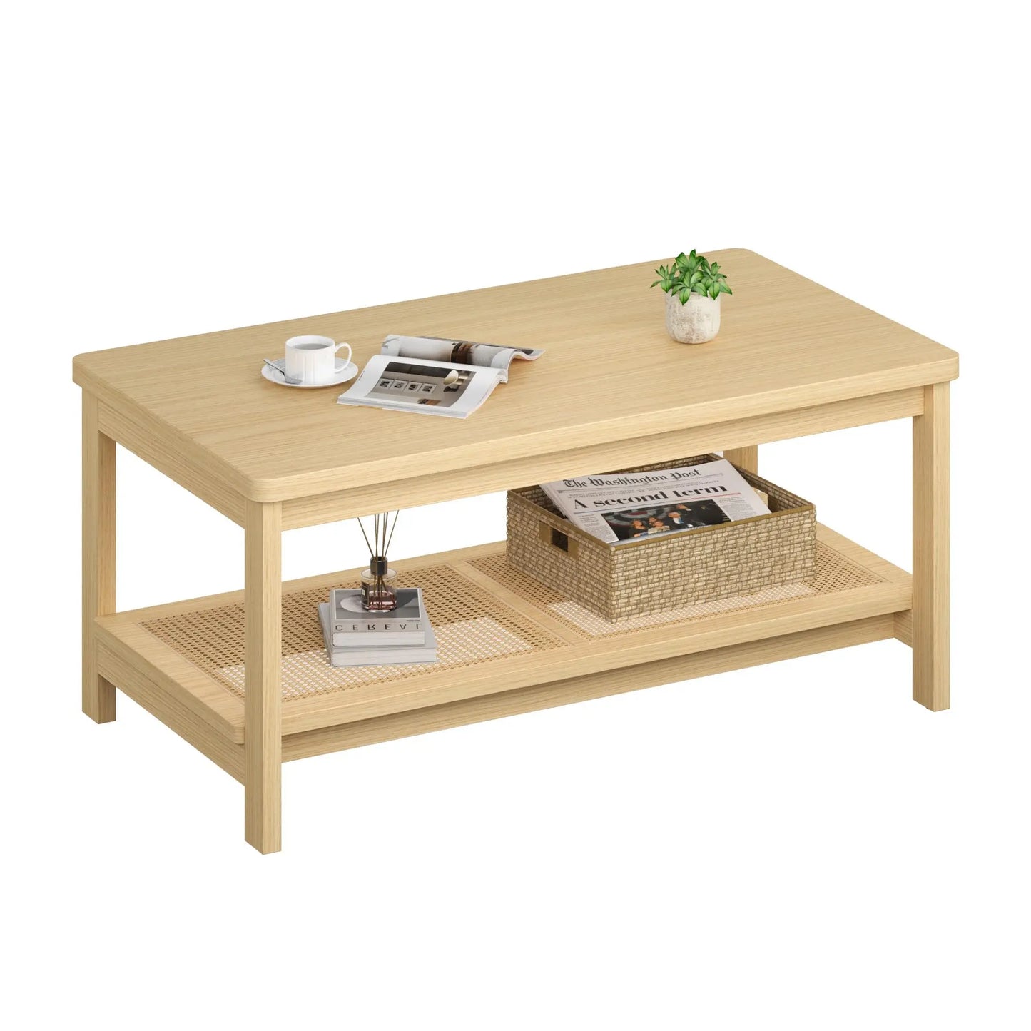 39.4in Boho Rectangular Coffee Table With Rattan Storage Shelf, 2 Tier Mid Century Modern Center Table For Living Room, Apartment, Small Space