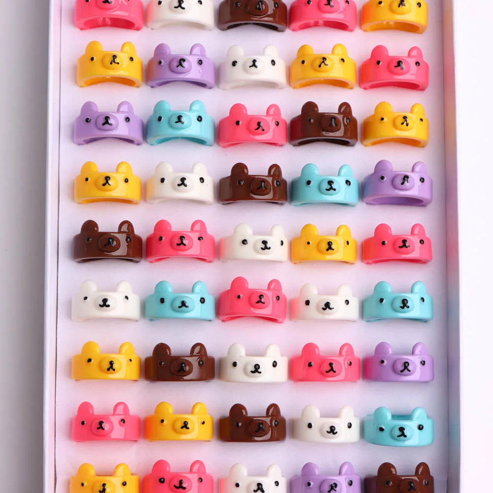 10/20/30/50Pcs/Lot Fashion Lovely Colorful Bear Frogs Resin Rings Girl Cute Funny Animal Finger Jewelry Party Gifts Mixed Style