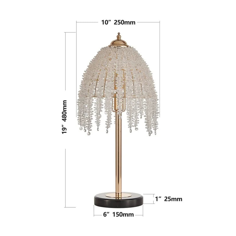 19" Elegant Crystal Table Lamp with Waterfall Bead Shades and Marble Base for Living Room, Bedroom, Office (Bulb Not Included)