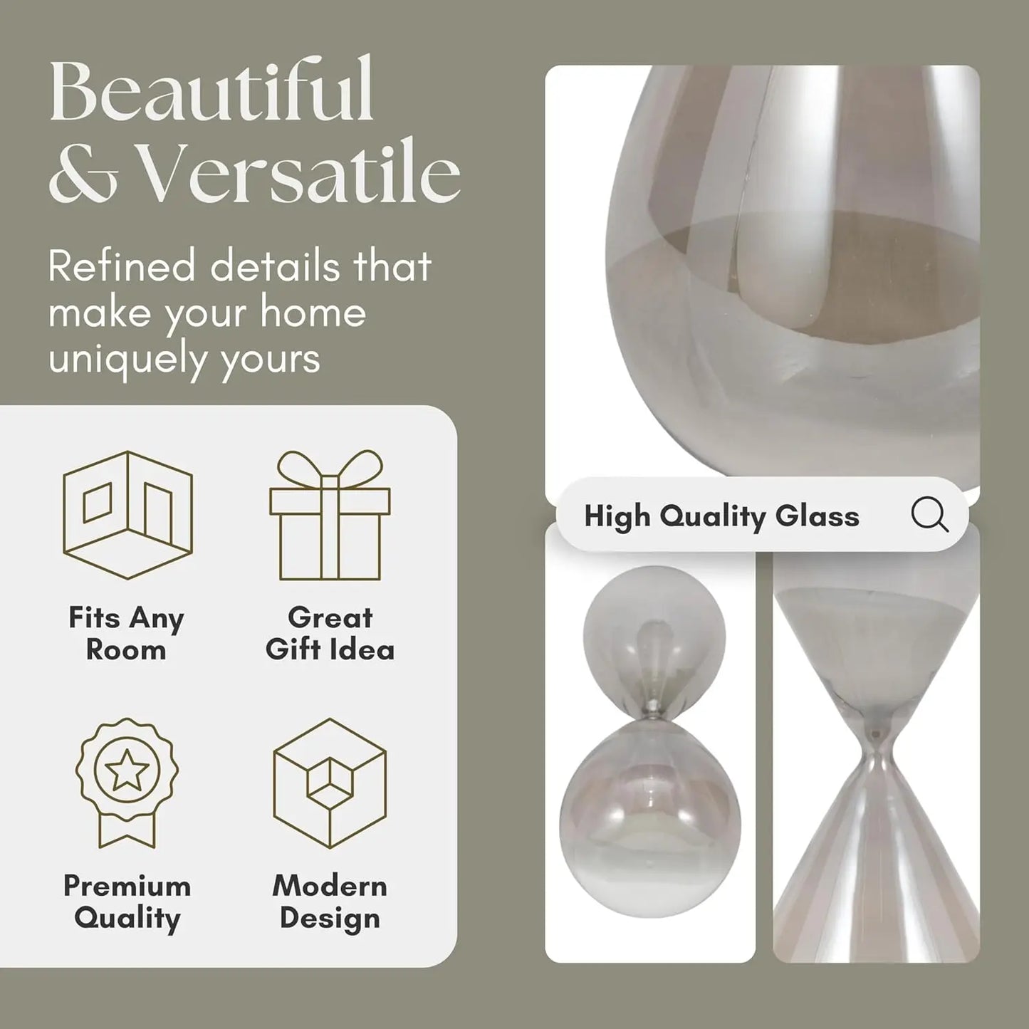 20 Inch Grey Teardrop Glass Hourglass Decorative Object for Coffee Table & Shelf Home Decor