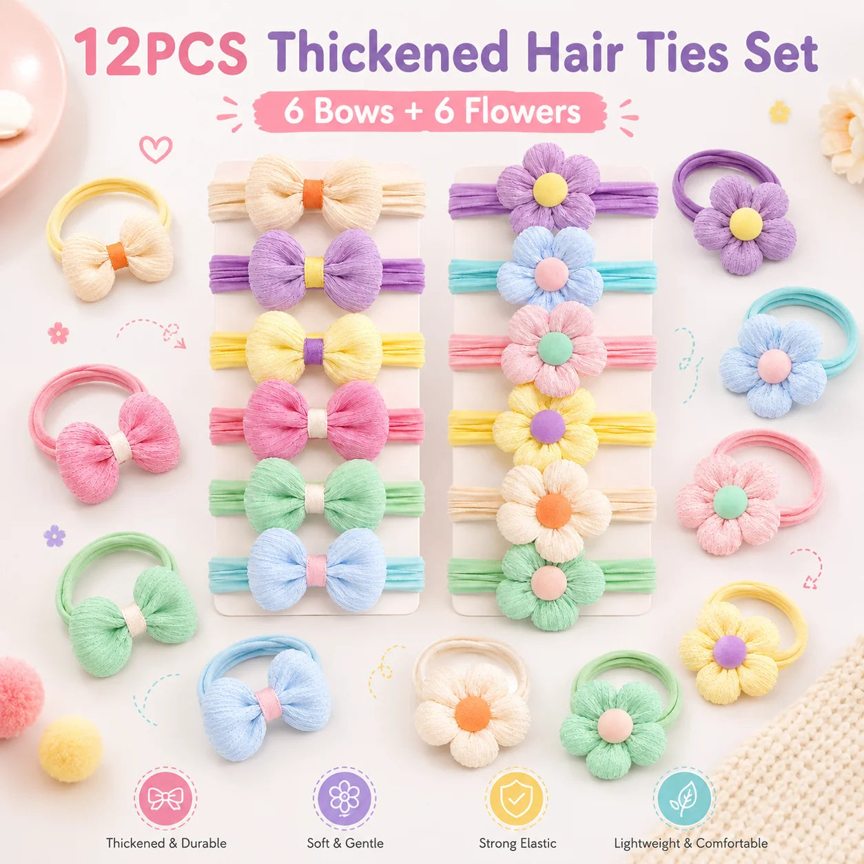 12-Pack Elastic Hair Ties for Girls Non-Damaging Hair Bands Children's Ponytail Rubber Bands Stylish Hair Accessories for Kids