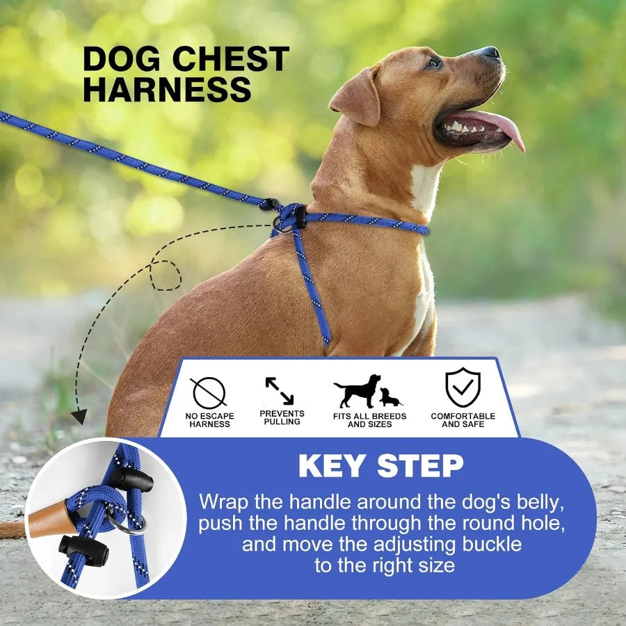 3 in 1 Adjustable No Pull Rope Dog Harness with Reflective Leash and Collar for Large and Giant Breeds Ideal for Outdoor Walkin