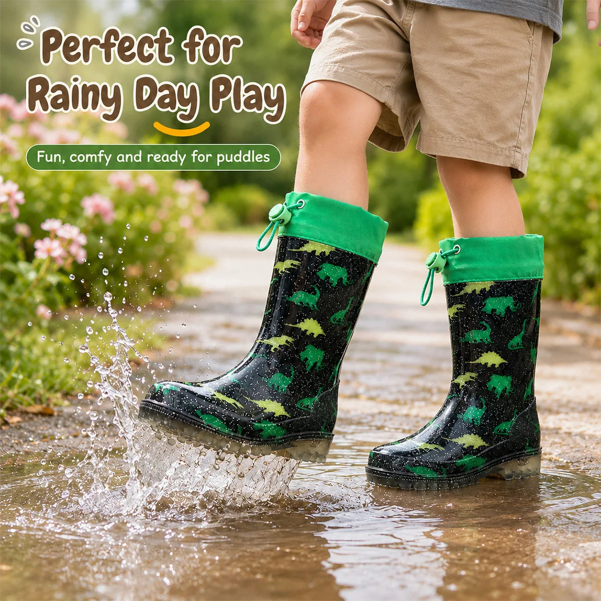 Boys Green Dinosaur Print Glitter Kids Rain Boots Adjustable Drawstring Cuff Waterproof Anti-slip PVC Children Wellies Outdoor Rain Water Shoes