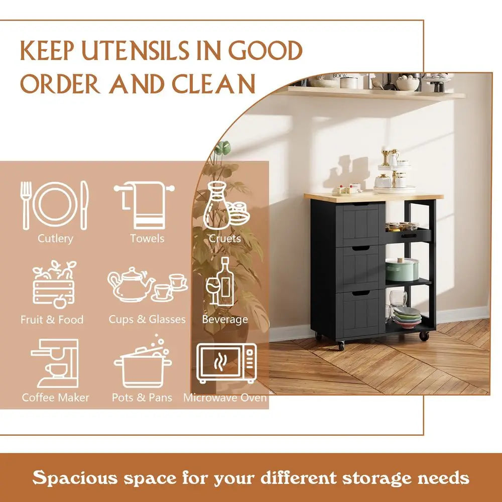Kitchen Island with Storage Cart Rolling Coffee Small Butcher Block Table Microwave with 3 Drawers on Wheels Station Portable M