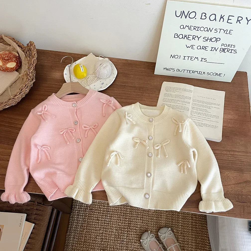 Childrens Clothing 2025 Autumn and Winter New Item Girls Bow Knit Cardigan Sweater Jacket Cute Baby Sweet Top Fashion