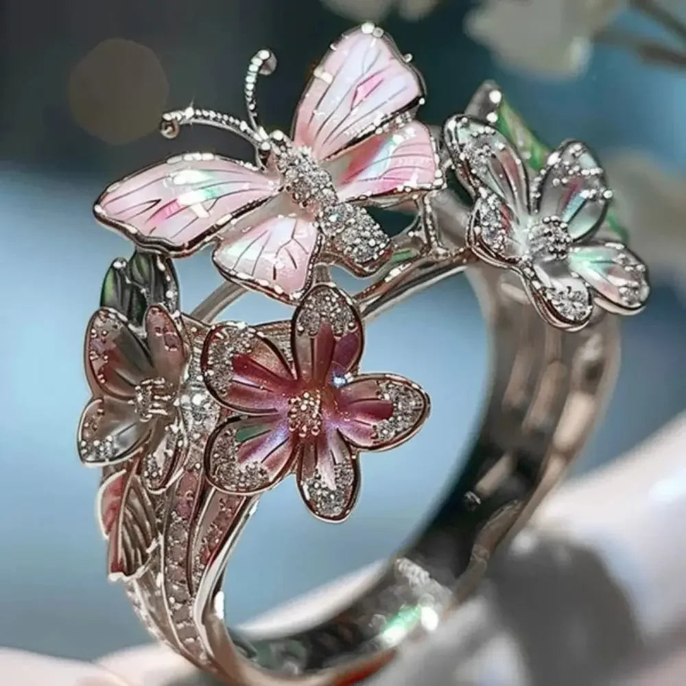 Aesthetic Flower Butterfly Rings for Female Romantic Rhinestone Stylish Non-fading Opening Ring Women Wedding Jewelry Party Gift