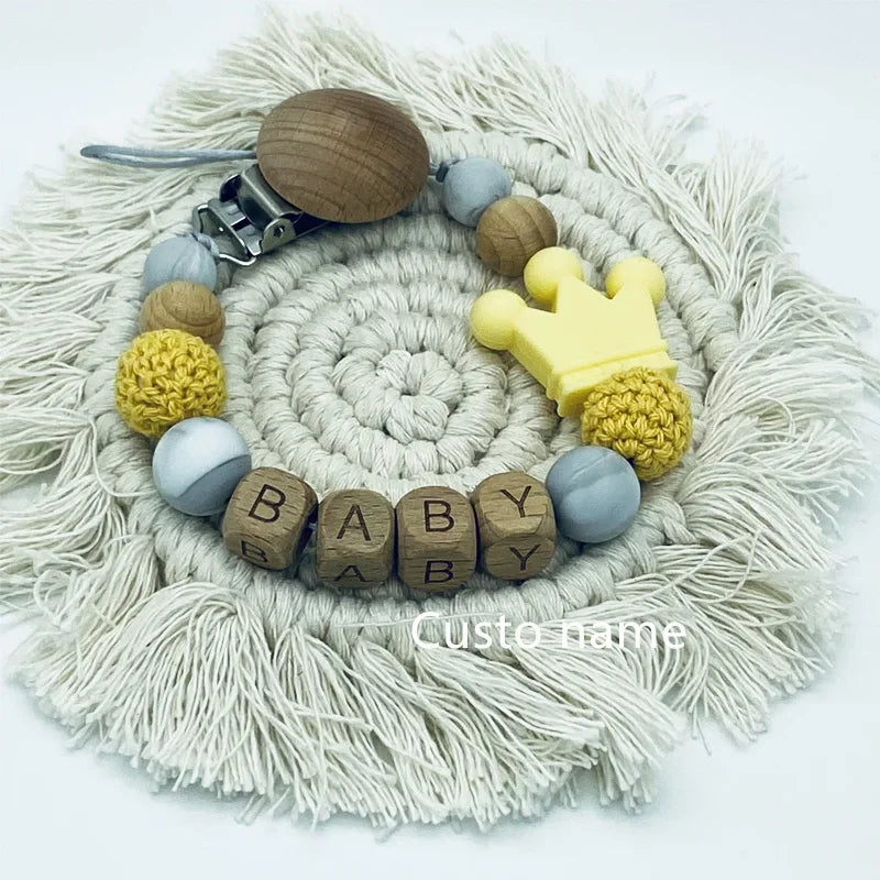 DIY Custom Name Silicone Beads Wooden Ring Pacifier Clips Safe Teething Chains Baby Teether Eco-friendly Dummy Beech Clips Gift