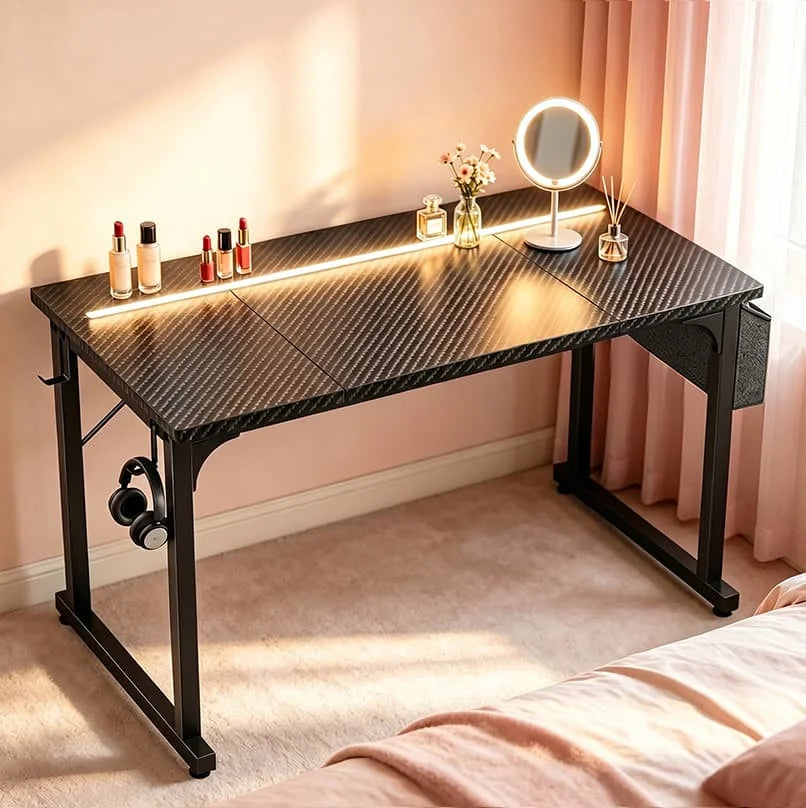 EnHomee 31.5" RGB LED Vanity Desk Waterproof Writing Desk with Headphone Hook & Storage Bag, Metal Frame Home Office Table for Bedroom Dorm
