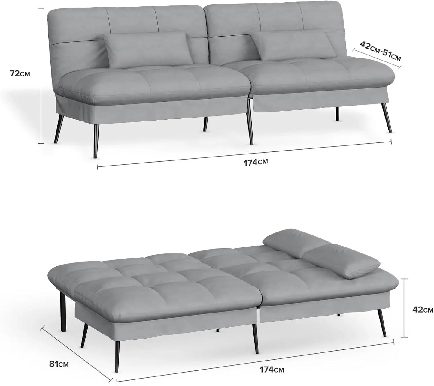 Convertible Sofa Bed,68″Fabric Couch with Adjustable Backrest,Loveseat Recliner Sleeper Living Room Furniture futon Set,Grey