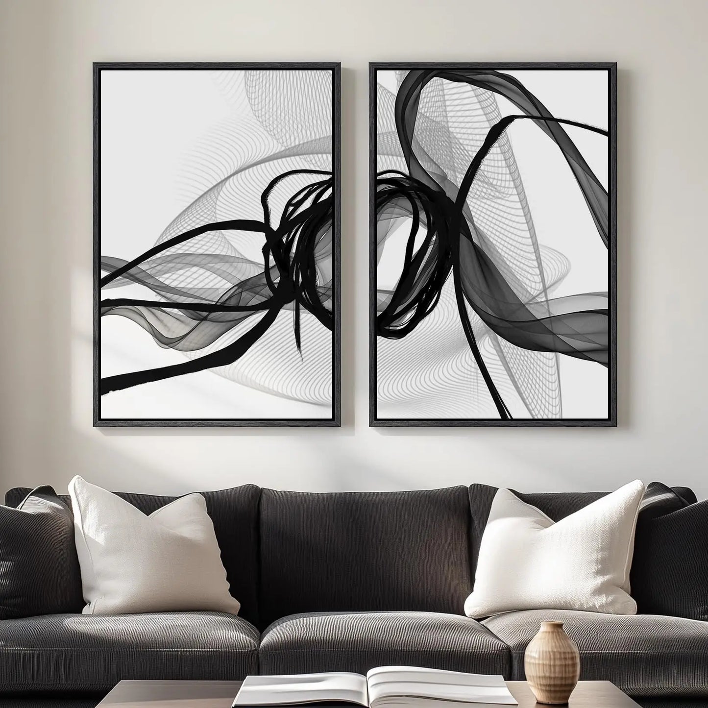 Framed Neutral Abstract Wall Art Set of 2, Black Beige Modern Canvas Prints Paintings Artwork for Walls, Minimalist Block Lines Pictures for Living Room, Dining Room, Bedroom Wall Decor 16x24 In