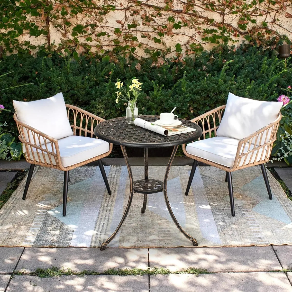 Patio Bistro Table, 24" Round Outdoor Coffee Table with 2" Umbrella Hole, Outdoor Cast Aluminum Bistro Table Side Tab