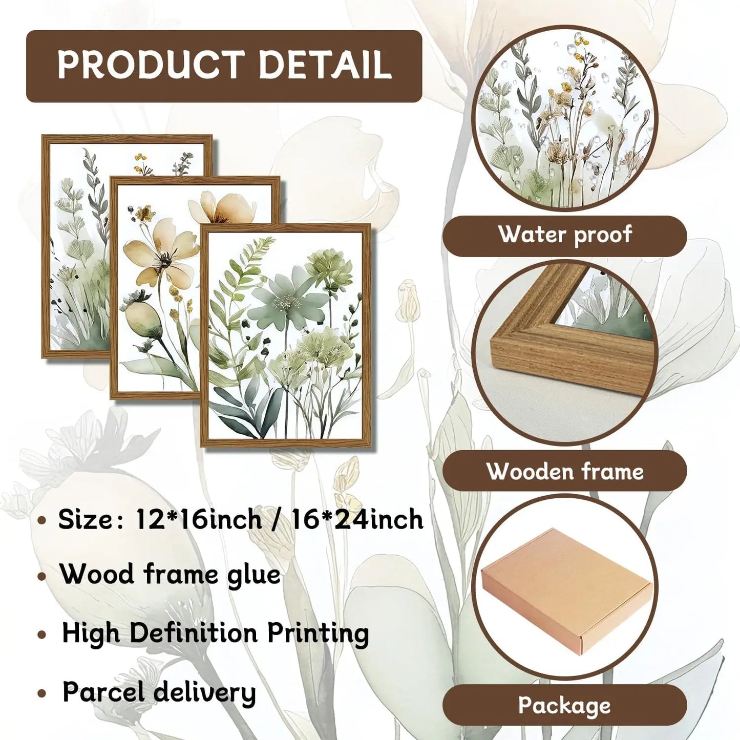 Wood Framed Sage Green Botanical Wall Art Set of 3, Boho Floral Canvas Wall Decor Paintings, Minimalist Flower Posters Prints Pictures for Bedroom Bathroom Living Room Home Decor 12x16 Inch