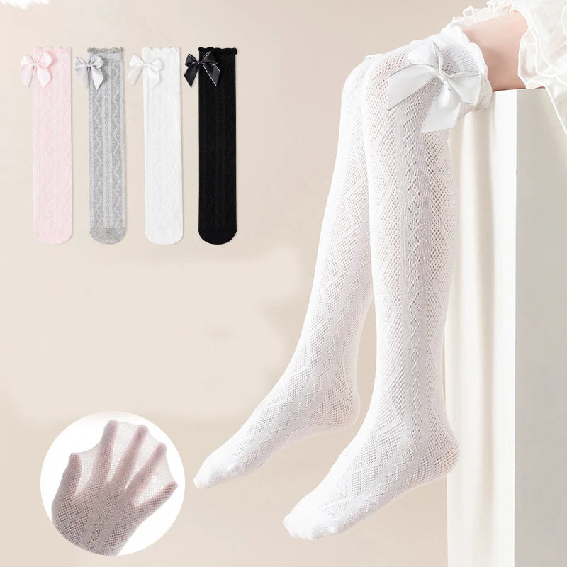 1pcs Girls Knee High Socks Spring Summer Baby Kids Toddlers Long Soft Cotton Socks Student Lace Bow Childrens Lolita Style Socks