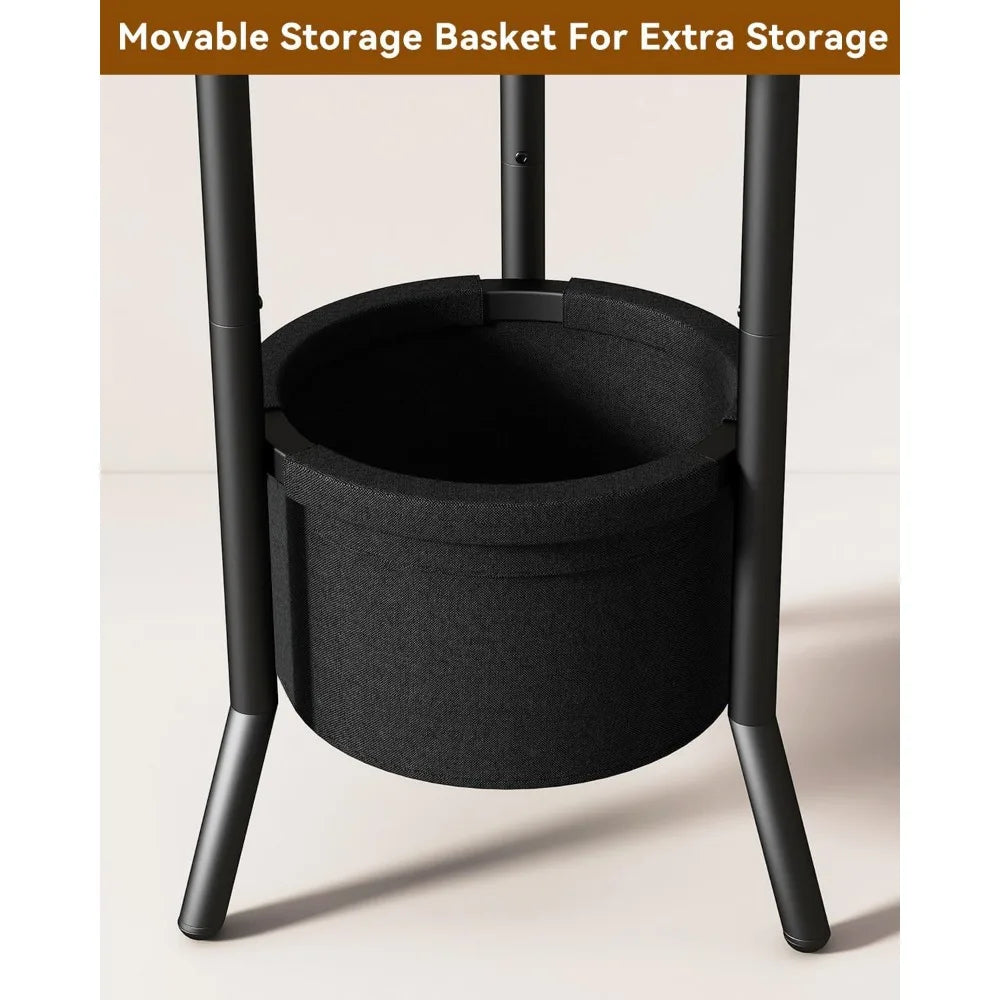 Freestanding Coat Rack with Three Wooden Shelves Fabric Basket and Metal Frame for Hallway Bedroom Storage