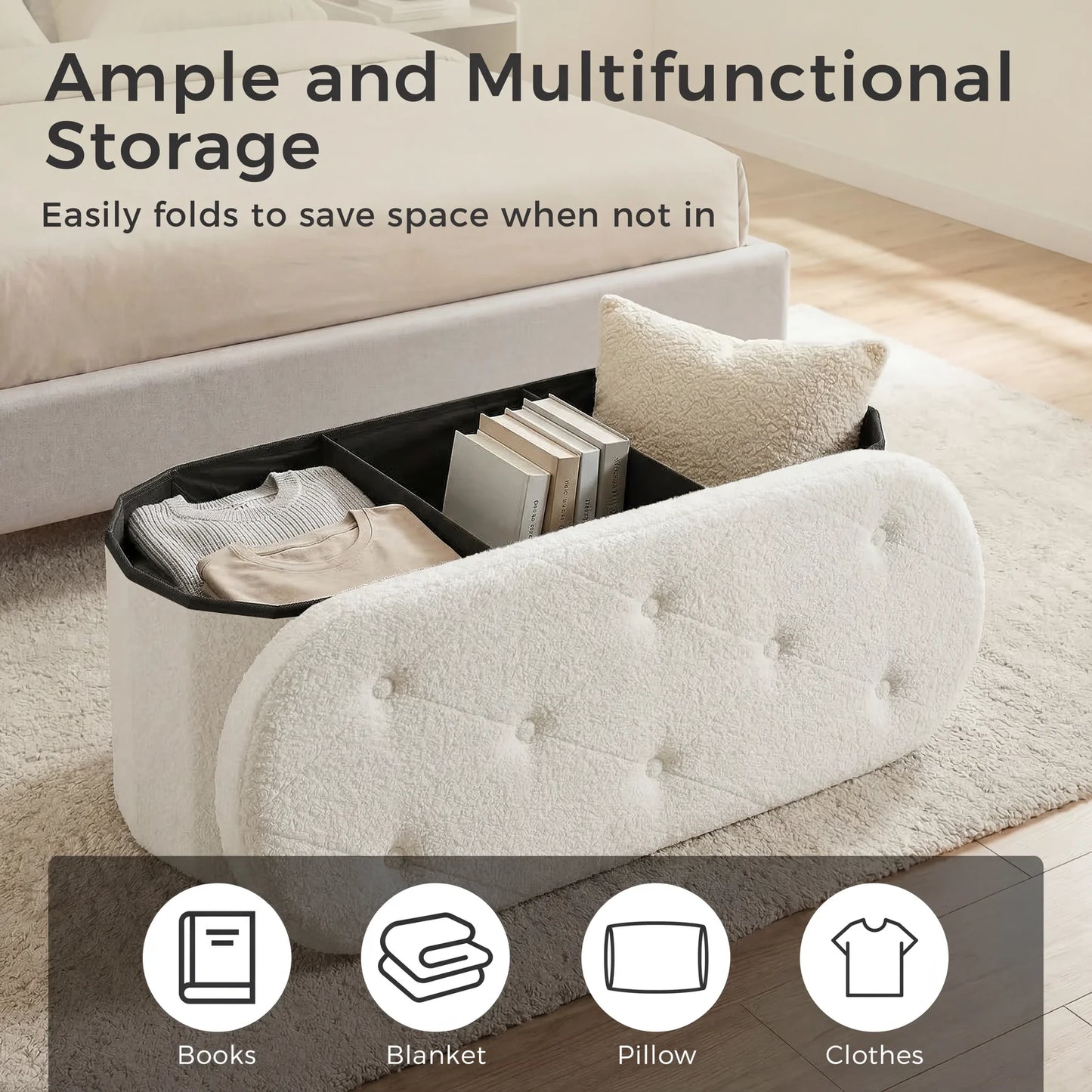 MCQ 30IN to 43IN Faux Fur Ottoman Foot Rest Stool with Storage Makeup Cute Soft Small Footstool Oval Round Folding Storage Chest for Bedroom