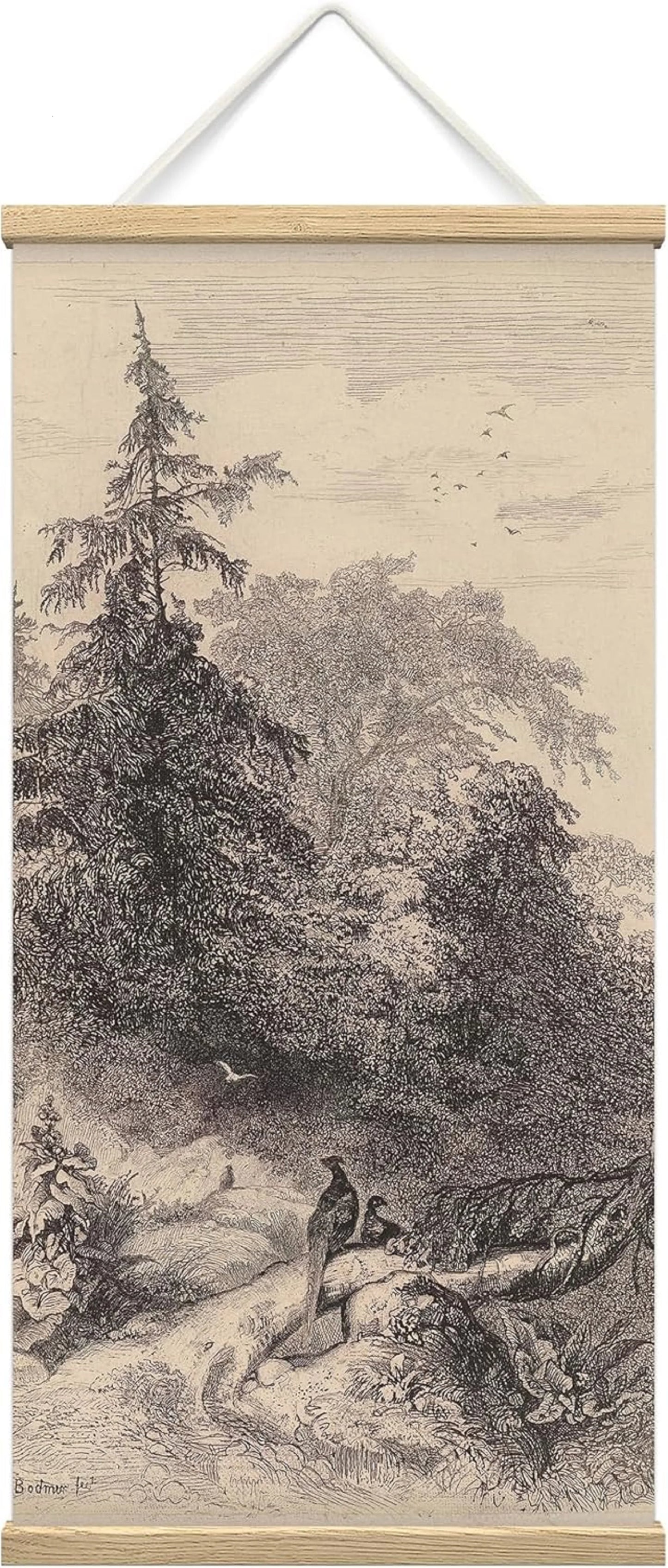 Wooden Framed Hanging Poster Tranquil Forest Detailed Black and White Etching Wall Picture Poster Artwork for Home