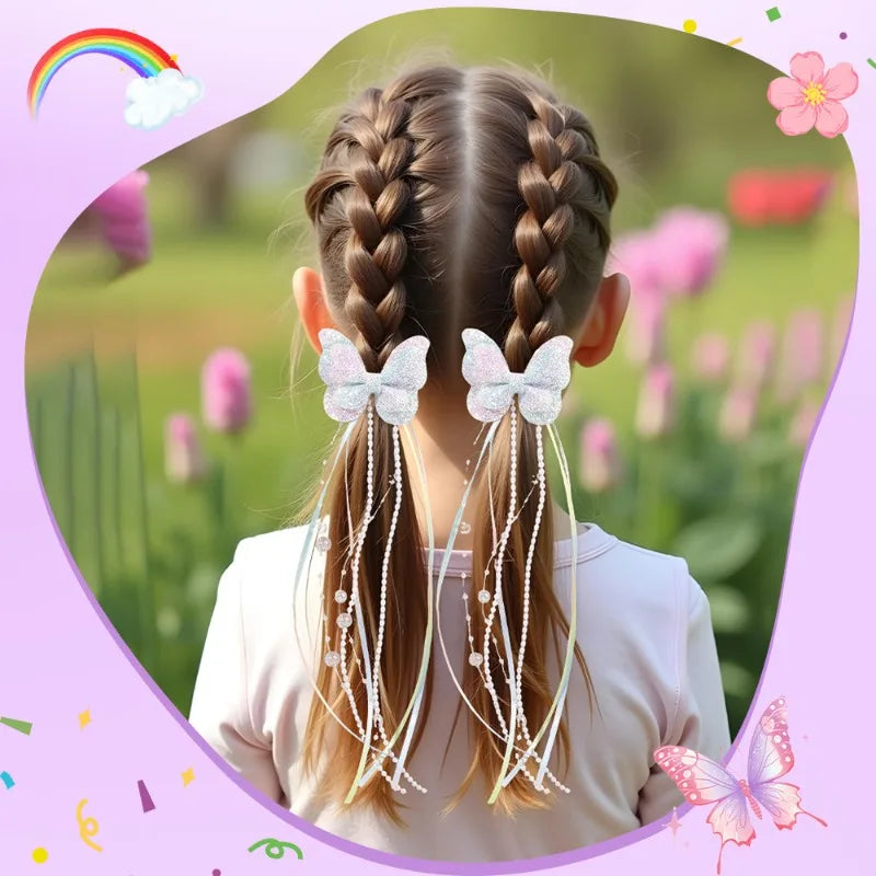 2Pc Childrens Rainbow Butterfly Sequin Hair Clip Pearl Ribbon Tassel Hair Clip Girl Braided Hair Accessory Performance Accessory Hair Clips
