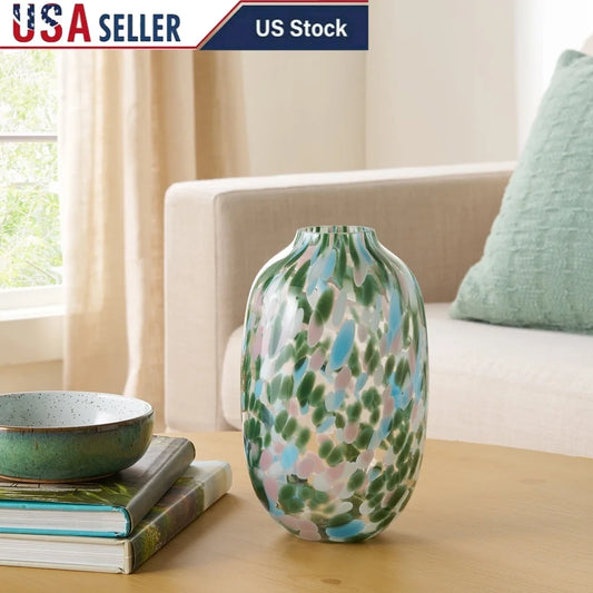 Handcrafted 10 Inch Green Glass Vase with Multicolor Brushstrokes Decorative Accent Home Living Room Office Tabletop Floral