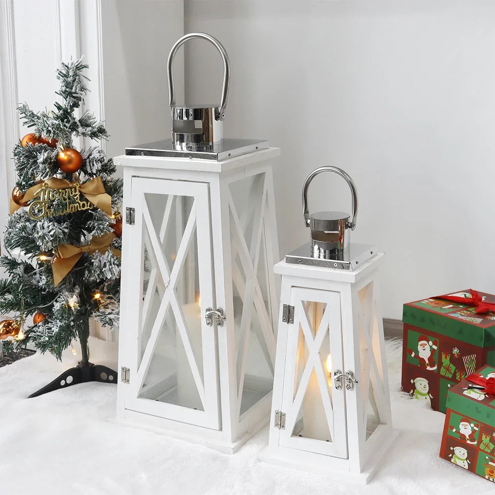 Farmhouse Wood Candle Lantern Decorative Candle Holders with Tempered Glass Rustic Hanging Lantern(White Trapezoid)
