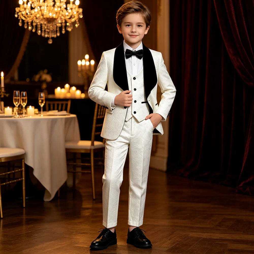 Boys White Jacquard Tuxedo Suit Black Velvet Shawl Lapel 3 Piece Kids Wedding Outfit Child Prom Graduation Stage Formal Blazer Vest Pants With Bow Tie