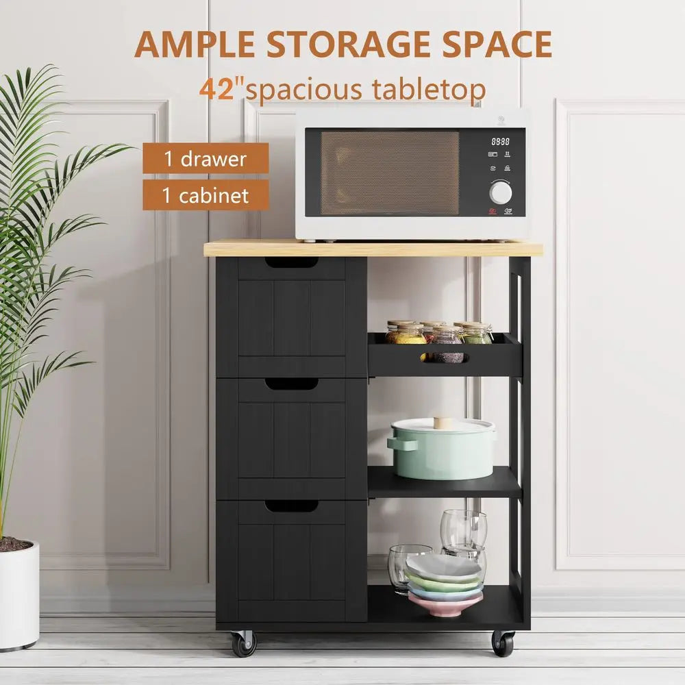 Kitchen Island with Storage Cart Rolling Coffee Small Butcher Block Table Microwave with 3 Drawers on Wheels Station Portable M