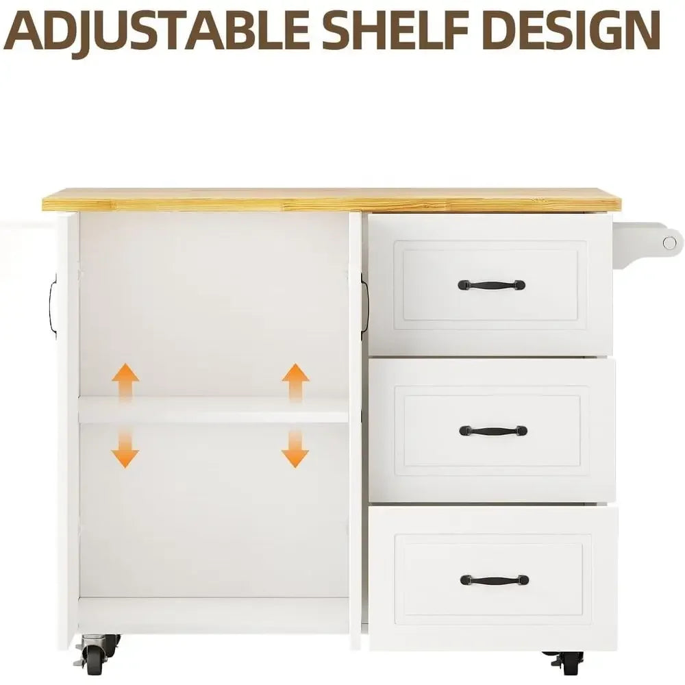 Kitchen Island with Storage on Wheels, Rolling Kitchen Island with Spice Rack & Towel Rack, Portable Island Table or Kitchen, Wh